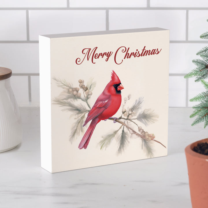 Merry Christmas Cardinal Wood Block Décor