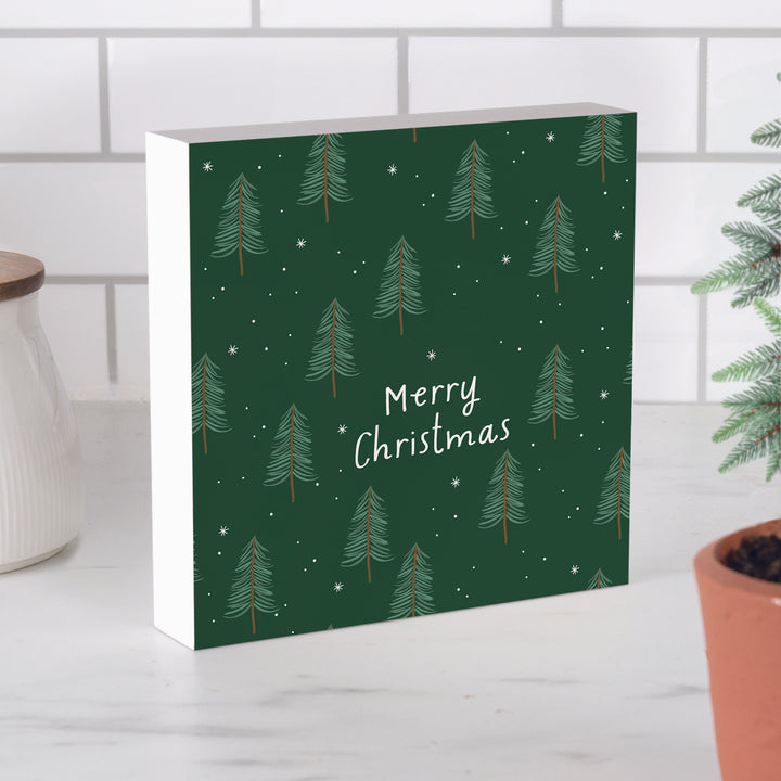 Merry Christmas Tree Pattern Wood Block Décor