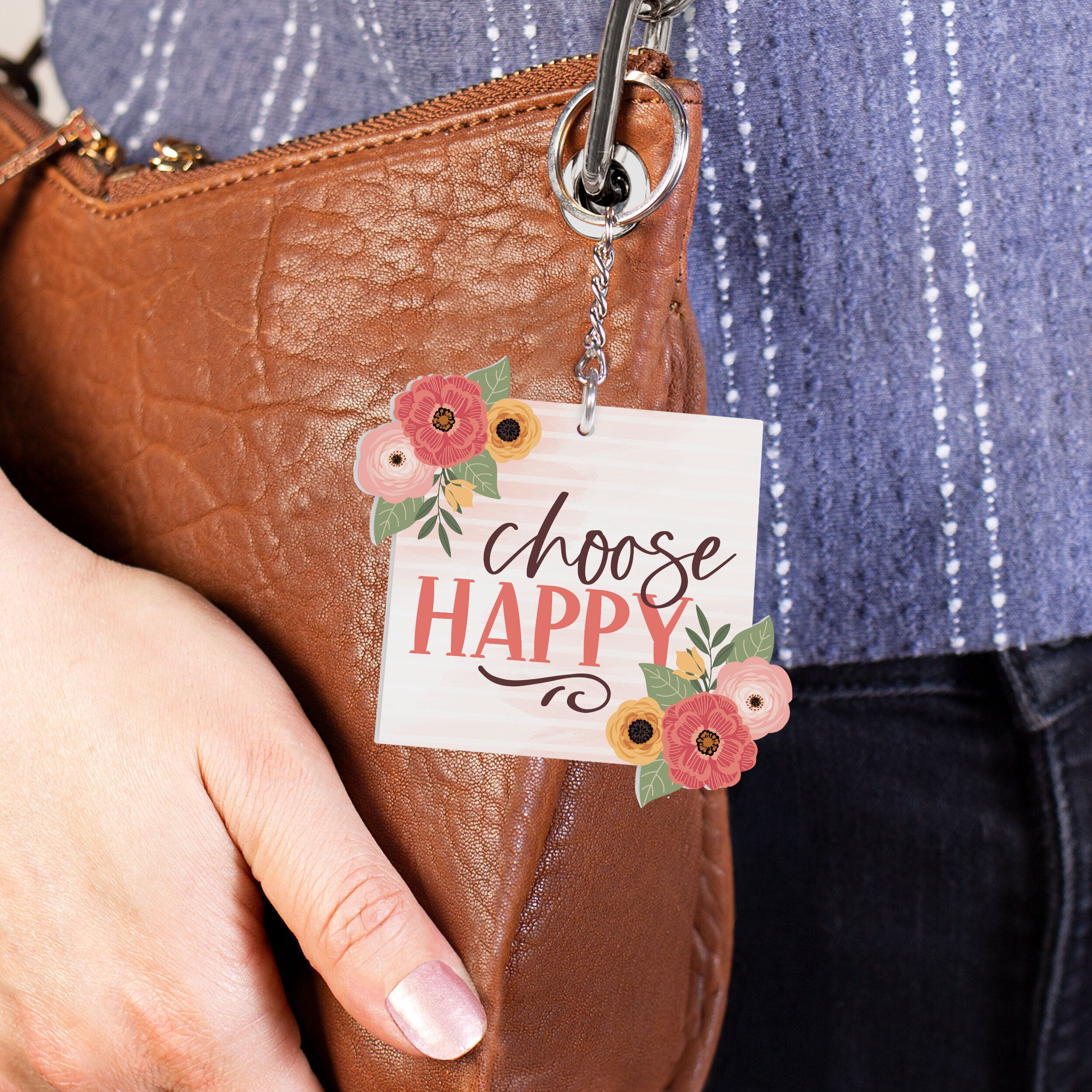 Choose Happy Acrylic Floral Square Shape Key Chain