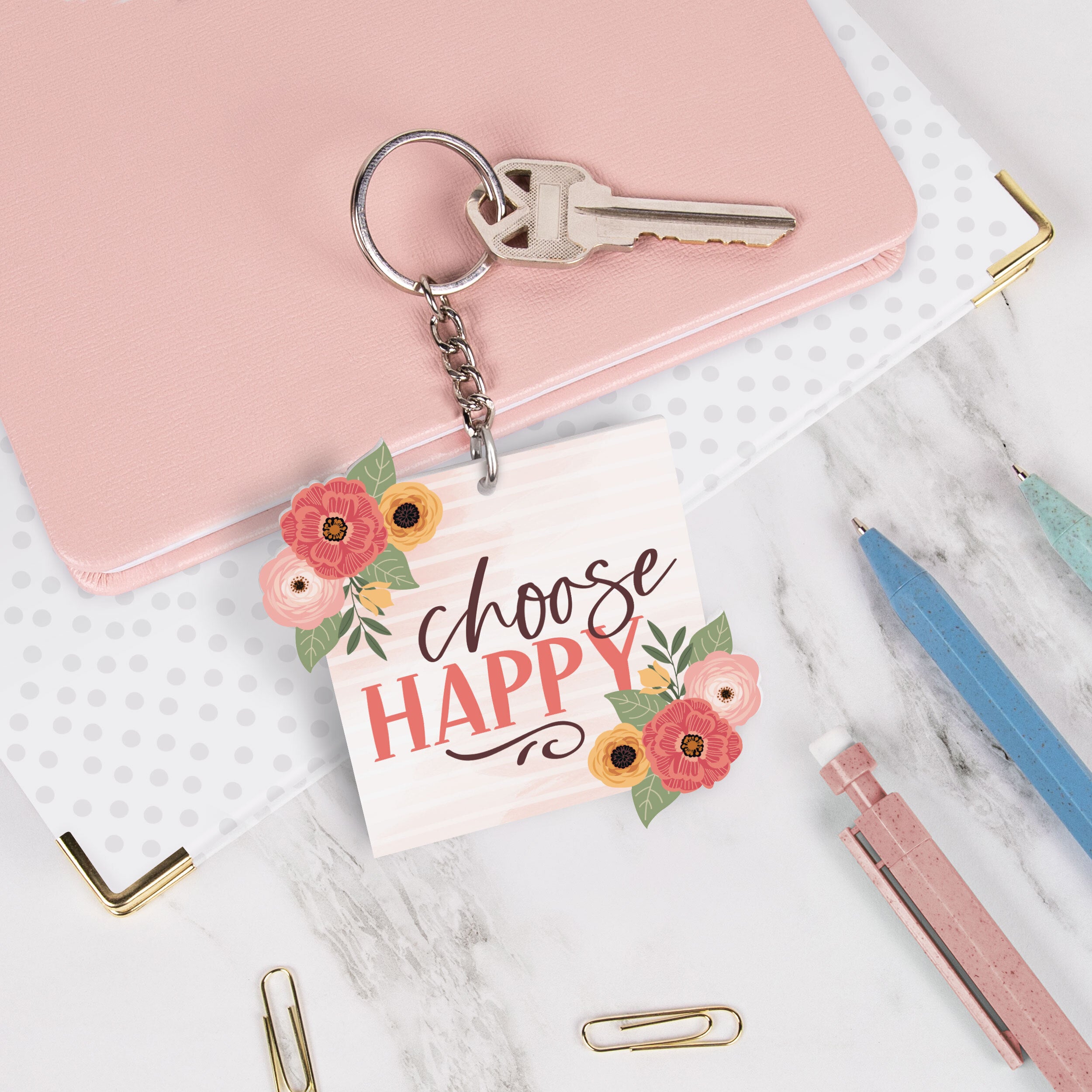 Choose Happy Acrylic Floral Square Shape Key Chain