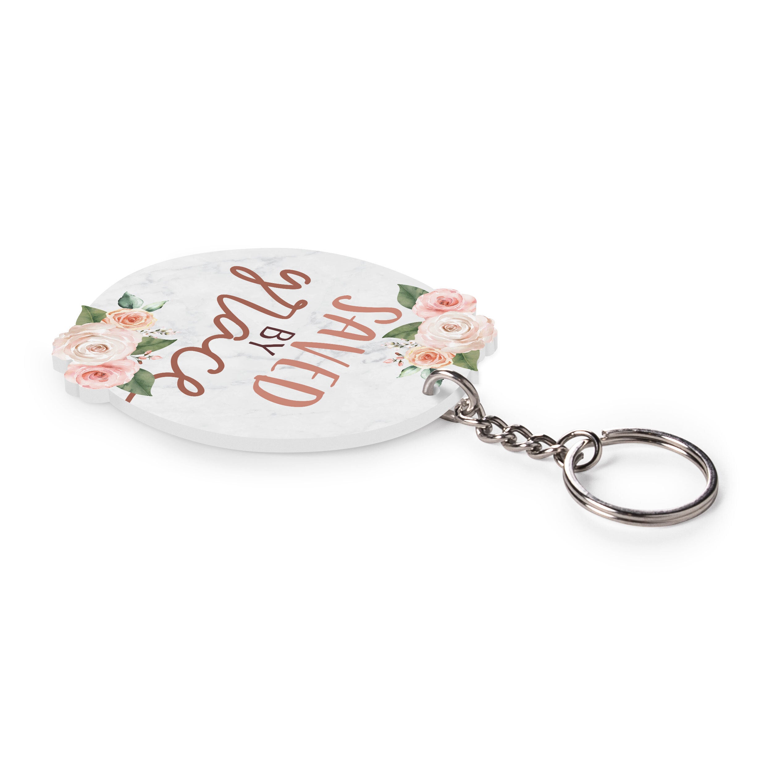 Saved By Grace Acrylic Floral Oval Shape Key Chain