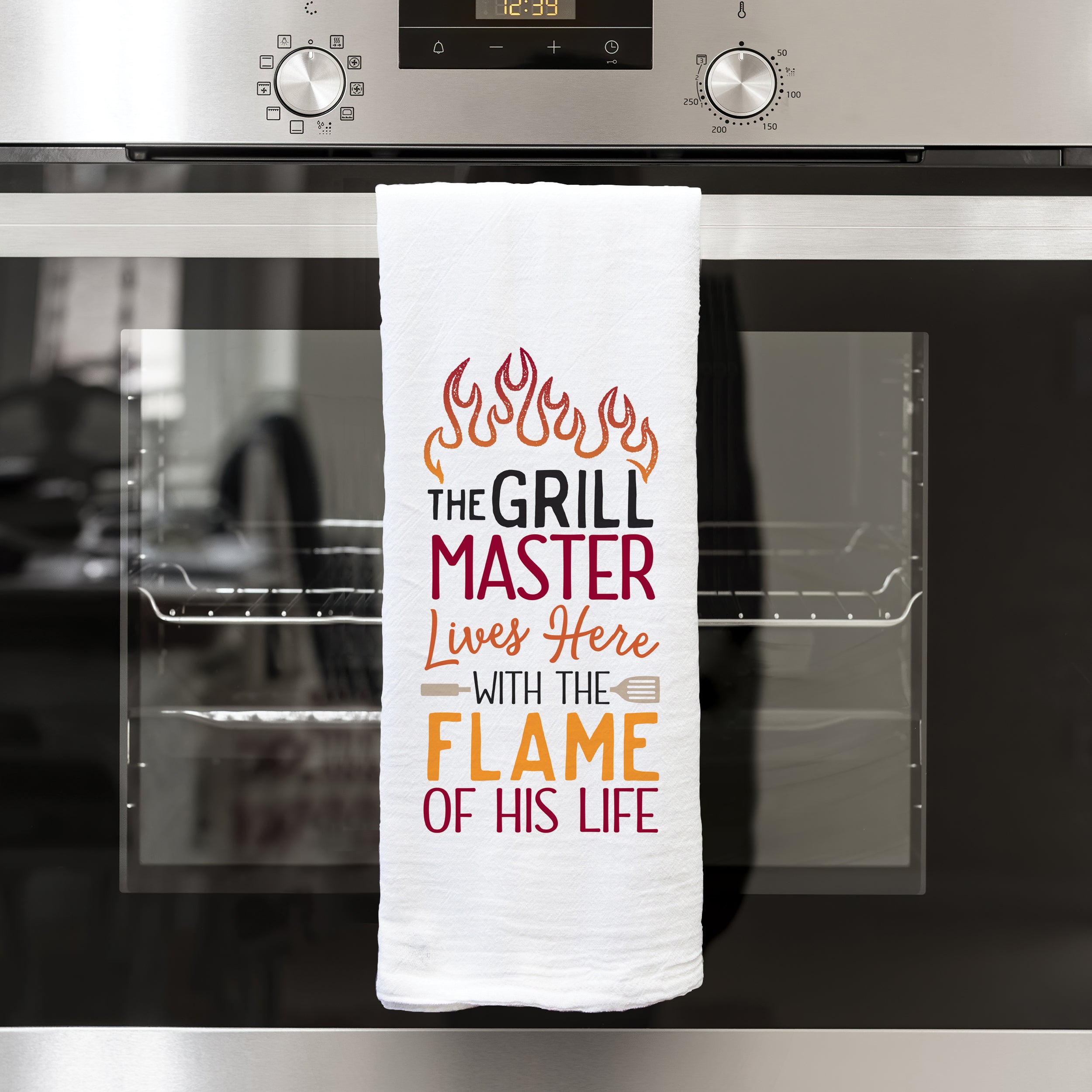 The Grill Master Lives Here With The Flame Of His Life Tea Towel